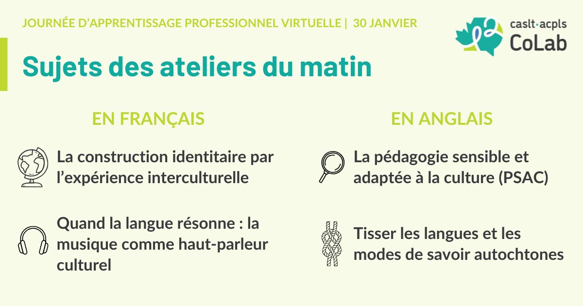 Journée d'AP virtuelle : Lancez votre parcours d’apprentissage professionnel en 2026 le 30 janvier!

Voir les sujets des ateliers du matin ci-dessous 👇 #langchat

caslt.org/fr/evenement/j…
