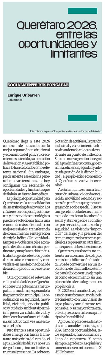 ¡Estimados Amigos! En este primer lunes del 2026, les comparto mi colaboración para <a href="/PublimetroQro/">Publimetro Querétaro</a>, en la cual abordo el tema de como veo las cosas para Querétaro este año. Ojalá sea de su interés y reflexión. Saludos
#Querétaro