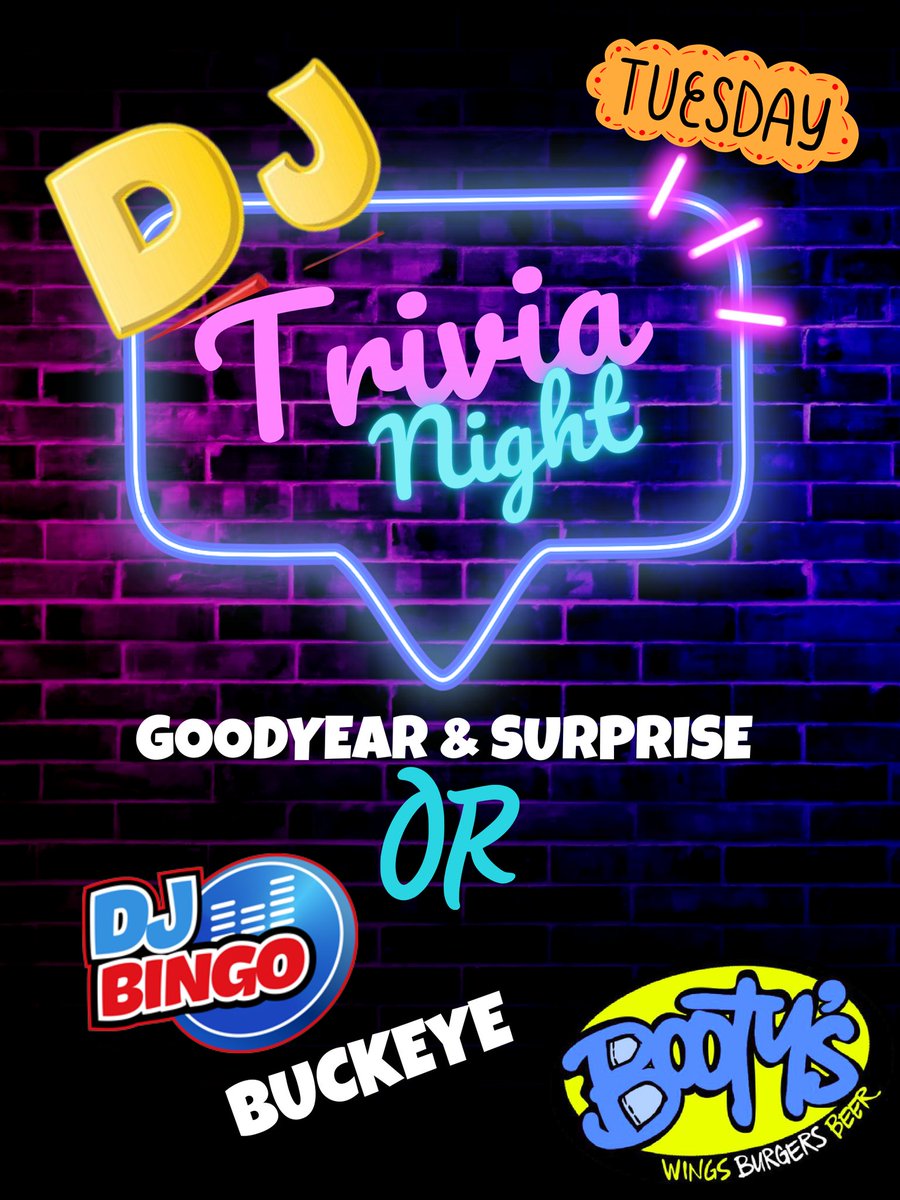 bootyswings's tweet image. Get ready to test your knowledge at DJ Trivia Night! 🧠✨
Will it be GOODYEAR &amp;amp; SURPRISE for DJ TRIVIA or DJ BINGO in BUCKEYE? The suspense is REAL! 😱
Grab your squad, bring your A-game, and let's see who's got the brains AND the luck tonight! 🏆
See you there! 💜💙
#Trivia