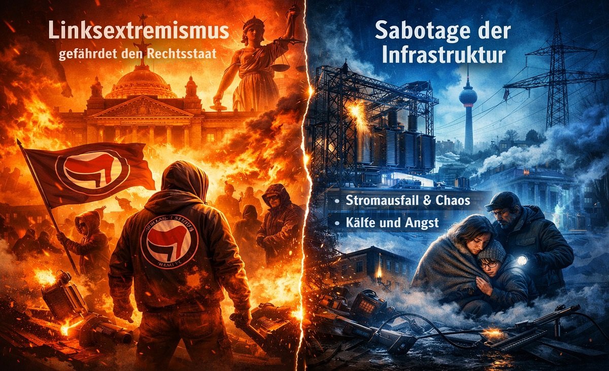 Linker Extremismus &amp; kritische Infrastruktur

Zwei Texte. Ein Warnsignal.

🔹 Prinzip:
Linker Extremismus gefährdet den Rechtsstaat, wenn Gewalt relativiert, Symbole verharmlost und klare Grenzen verweigert werden.
Wo der Staat zweierlei Maß anlegt, verliert Freiheit ihre