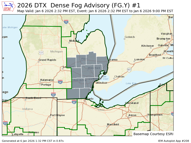 DTX issues Dense Fog Advisory for Genesee, Lapeer, Lenawee, Livingston, Macomb, Monroe, Oakland, Shiawassee, St. Clair, Washtenaw, Wayne [MI] till Jan 6, 9:00 PM EST mesonet.agron.iastate.edu/vtec/f/2026-O-…