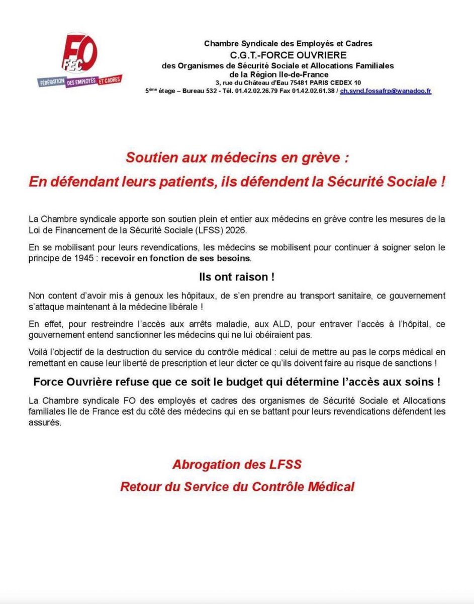 Même les syndicats de salariés le disent : défendre les médecins libéraux, c’est défendre les patients et la Sécu.

À ce stade, le gouvernement est le seul à ne pas avoir compris pour qui on se bat. 🤷‍♂️

<a href="/FMFofficiel/">FMF_Fédération des Médecins de France</a>