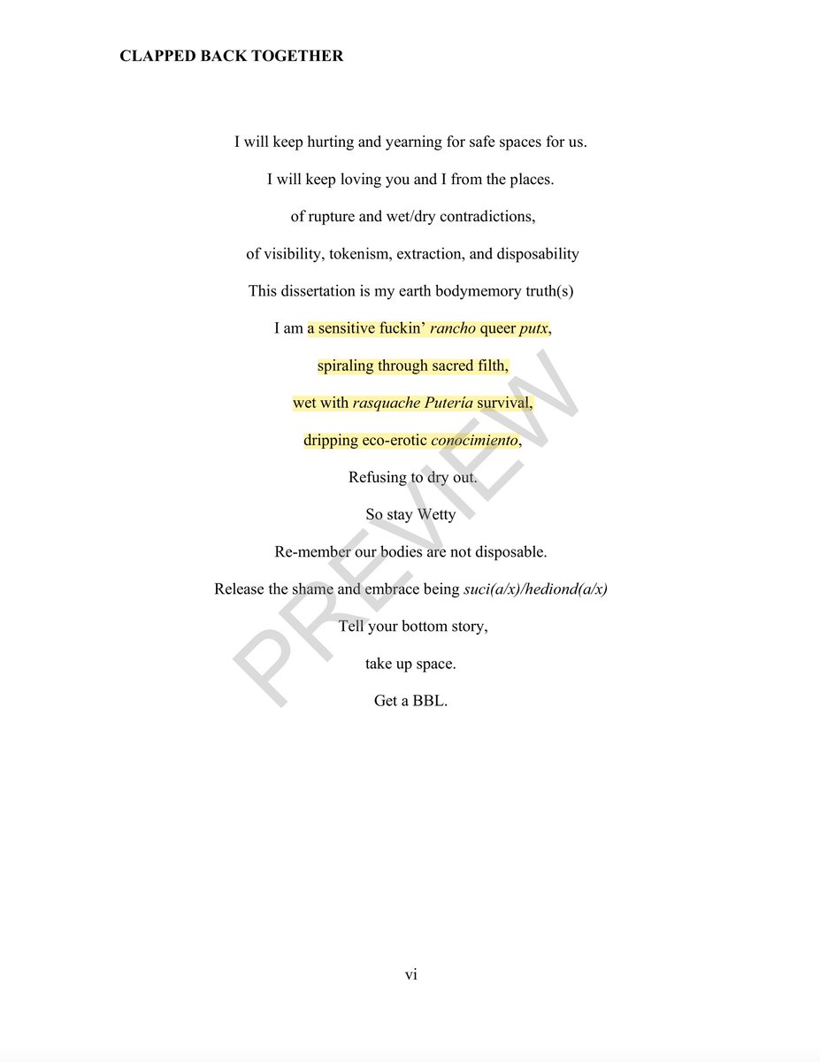 SwipeWright's tweet image. 🚨ALERT: This person just got a PhD at UT San Antonio for a dissertation on "Healing Through Queer Eco-Erotic[s]" and "Wetty Pedagogy."

It begins with a "Wet Acknowledgement" calling academia "dry af" and telling people to keep their "lips moist and hydrated" and "touch grass,…