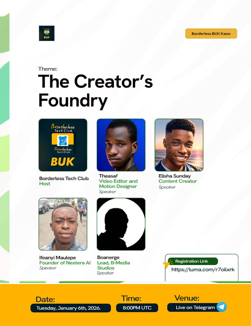 Our Content Foundry is live on X!
Explore, learn, and grow with us

A huge shoutout to our amazing tutor
<a href="/theasaf_/">Asaf | Video Editor | Content Creator</a>, <a href="/Elisha__Sunday/">Elisha Sunday</a>, and @Ifeanyi_Malupo
<a href="/Boanerge_jay/">John Boanerge Ijere Borderless 4.0</a> for sharing their knowledge and guiding creators.
Explore, learn, and grow