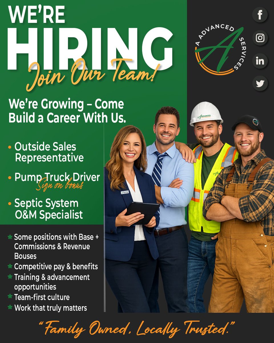 AAdvancedSeptic's tweet photo. 🚨 WE’RE HIRING! JOIN OUR TEAM 🚨

Looking for a career with great pay, strong benefits, and real room to grow? We’re expanding and looking for motivated, reliable people who want more than just a job. Join a team that values hard work, supports your success, and offers long-term career opportunities in a growing industry. If you’re ready to build your future with a company that invests in its people, we’d love to hear from you!

Open Positions & Pay Structure:

🔹 Outside Sales Representative – Base Pay + Commission
🔹 Pump Truck Operator – Base Pay + Commission + Revenue-Generating Bonus
    👉 Sign-On Bonus available for qualified candidates
🔹 O&M Septic Technician – Base Pay
    👉 Sign-On Bonus available for qualified candidates

Apply today and start building your future with us:
📞 Call us today at (253) 455-4865
📲 Apply online: https://t.co/OBZah4YGGp

#NowHiring #JoinOurTeam #CareerGrowth #SepticCareers #JoinOurTeam #AuburnWAJobs #JobOpening #SepticProfessionals #HiringAlert #piercecounty #kingcounty #thurstoncounty #kitsapcounty #piercecountyjobs #Kingcountyjobs #tacomajobs #seattlejobs