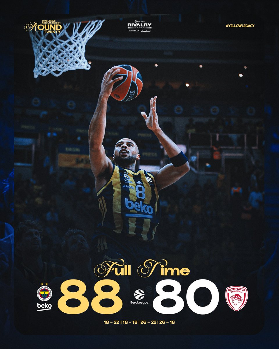Çok önemli bir galibiyet daha! 💪

Tebrikler Fenerbahçe Beko! 👏

Maç Sonucu | Fenerbahçe Beko 🆚 Olympiacos: 88-80

Skor dağılımımız: Horton-Tucker 17, Baldwin 17, Boston Jr. 14, Melli 11, Hall 10, Biberovic 8, Colson 5, Silva 4, Birch 2. #YellowLegacy