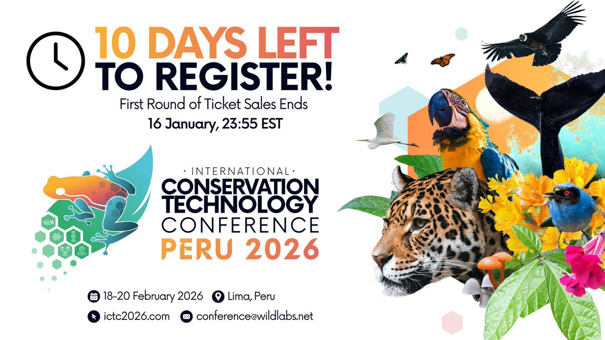 WILDLABSNET's tweet photo. Happy New Year from WILDLABS! 🎉
2026 is the year the conservation tech community comes together in Lima for the 1st #ICTC
⏰10 days left of early registration!
Register here: https://t.co/U2lC9TxCy0
Explore agenda overview here: https://t.co/MEUS7q5JkS
#ICTC2026 #tech4wildlife https://t.co/RrkpKx9F3I