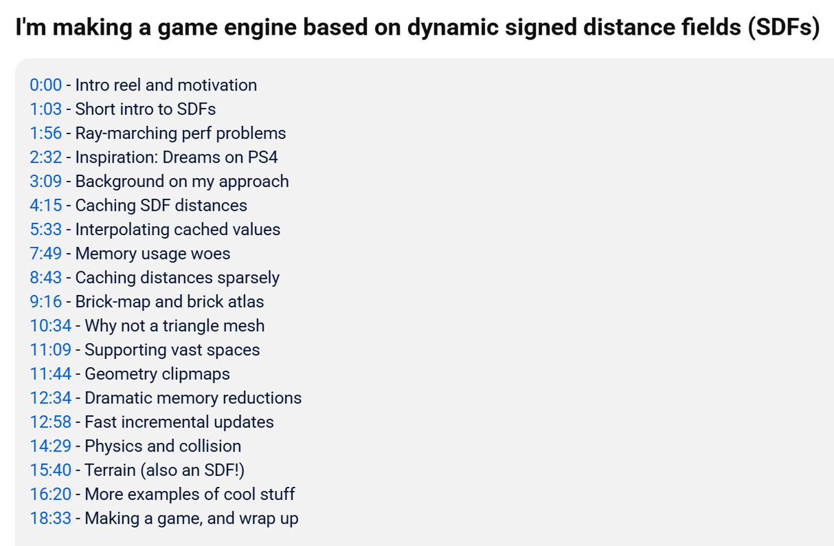 I just released my video about the engine (and game) I've been working on.

The engine is based on dynamic SDFs, and the video describes how it works and what it makes possible.

Link in the reply!

This is my first YouTube video and it took forever - please repost!