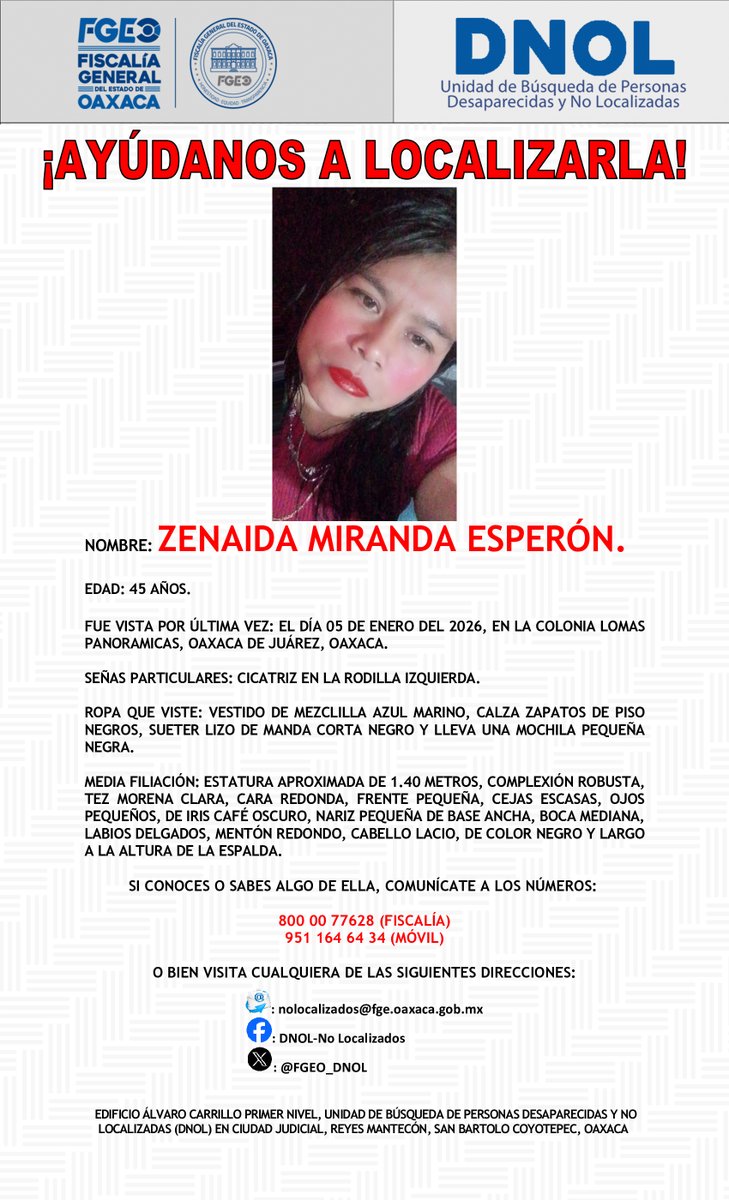 FGEO_DNOL's tweet photo. ¡AYÚDANOS A LOCALIZARLA!
@FISCALIA_GobOax
@AEI_Oaxaca
@PolVial_GobOax
@Policia_GobOax
@089Oaxaca
@Oaxaca_9_1_1
@cruzrojaoaxaca
@Bomberos_GobOax
@DIF_Oaxaca
@GN_Carreteras
@SIDISSPC_GobOax https://t.co/LwsvmNCtja