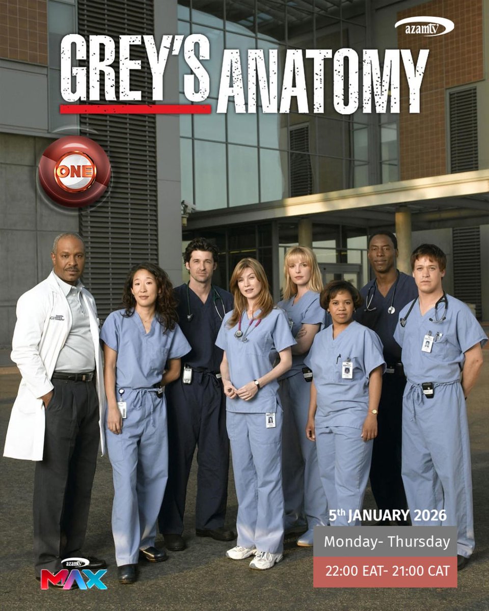 azamtvzw's tweet image. 🎬New Series Alert: Grey’s Anatomy
📺Now Showing on #AzamOne (101)
 🗓️Starts January 05,  
⌚Monday -Thursday, 21:00HRS CAT

Surgical interns &amp;amp; their supervisors embark on a medical journey where they become part of heart-wrenching stories.