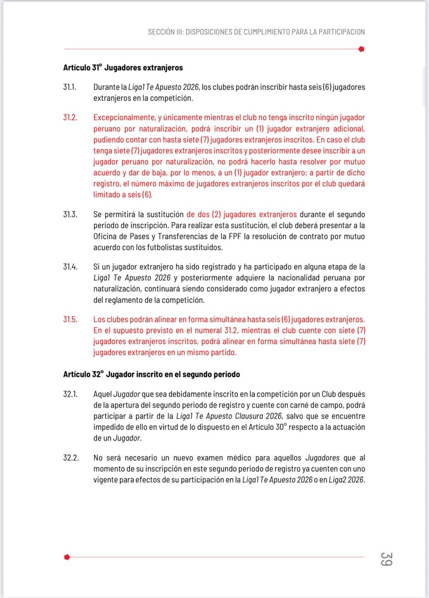 Liga1 Perú 2026 – Cupos de extranjeros (FPF) 🇵🇪.
🔹 Regla general: cada club puede inscribir y alinear hasta 6 jugadores extranjeros.
🔹 Excepción: se permite un 7° extranjero SOLO si el club NO tiene jugadores peruanos por naturalización.
🔹 Carácter provisorio: el 7° extranjero