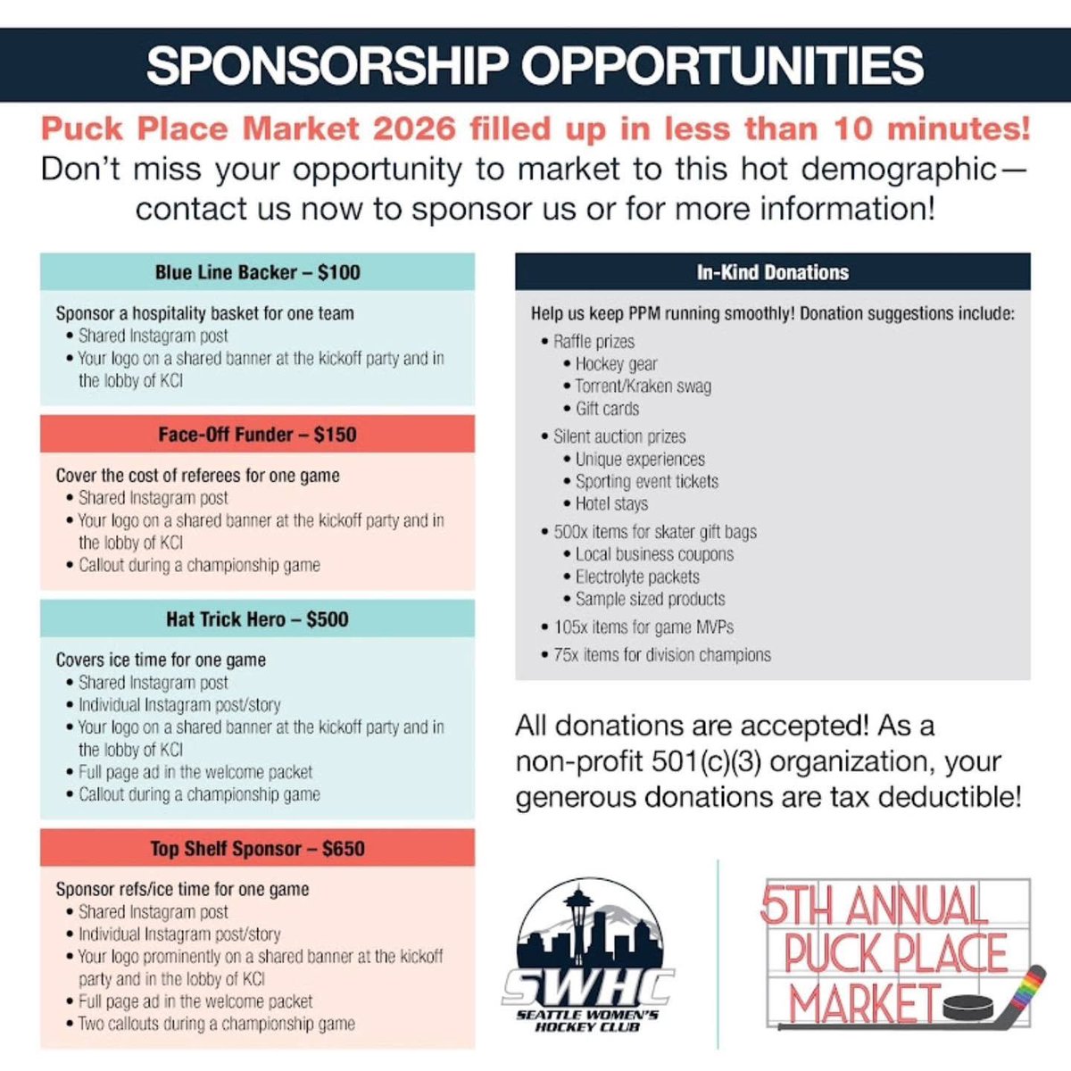 WPHSeattle's tweet photo. Seattle Women’s Hockey Cub is looking for sponsors for Puck Place Market 2026.

Help make their 5th annual tourney a success while also giving your biz great visibility from players, fans, family +.

Flexible sponsorship packages for businesses of all sizes.

▶️ppm.swhc@gmail.com https://t.co/mbxUS43T8W