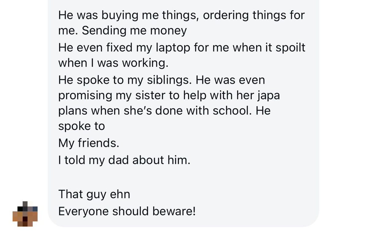 Two women reached out to me to share their stories about how this same guy did the same thing to them😭😭😭.

Apparently, he used the same format. Handwritten notes, love letters, talking to our parents, talking about marriage, sending us money and gifts, showering us with