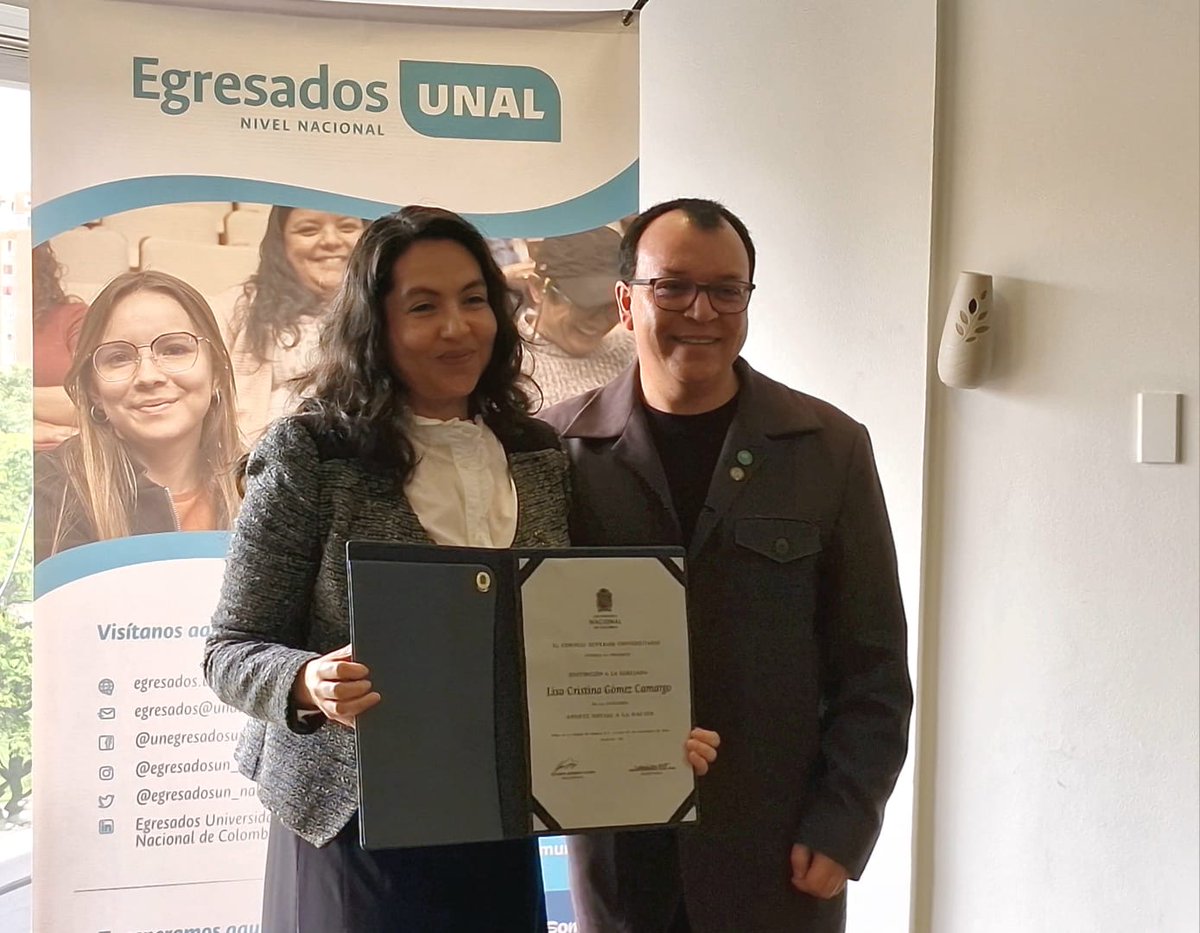 Recibí con honor la Distinción a Egresados UNAL 2024, en la categoría Aporte Social a la Nación.
Un reconocimiento al compromiso con los derechos humanos, la igualdad de género y la construcción de un país más justo.
 <a href="/UNALOficial/">Universidad Nacional de Colombia</a> 
#OrgulloUNAL #DerechosDeLasMujeres