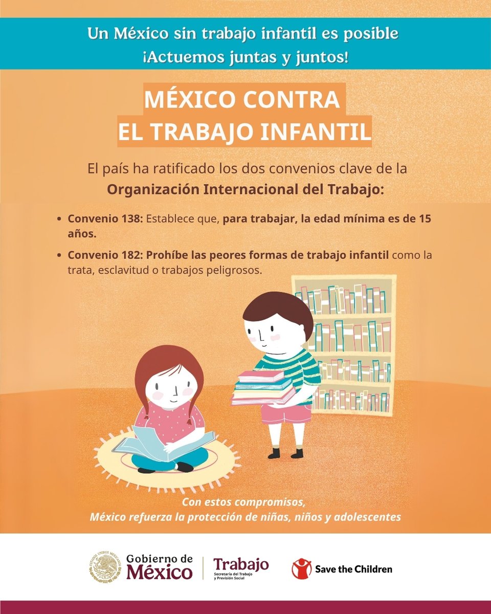 STPS_mx's tweet image. Al adoptar los convenios de la #OIT, nuestro país se alinea a los estándares globales de derechos laborales, refuerza su lucha contra el #TrabajoInfantil y reafirma la vigilancia de las personas adolescentes trabajadoras en edad permitida.

#MéxicoSinTrabajoInfantil
