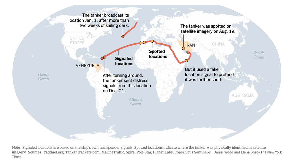 trbrtc's tweet image. Since runaway oil tanker MARINERA (formerly BELLA 1) has become a hot topic on this platform, it’s worth reiterating that the vessel isn't carrying any oil cargo. It never docked in Venezuela; it came from Iran. See map of its route over past 7 months. nytimes.com/2026/01/02/us/…