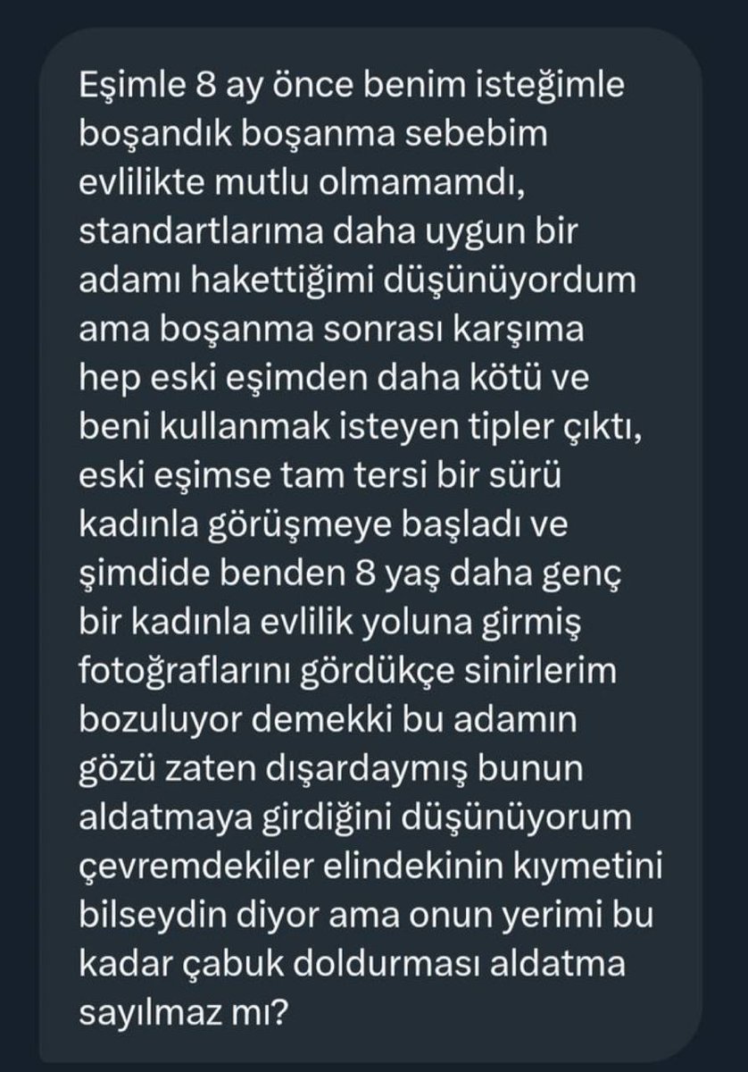 Çevremde boşanmalar baya arttı
Siz ne düşünüyorsunuz?
Boşanmaların bir numaralı sebebi nedir

Türkiye çok değişti
Ne desem bilemiyorum

#konut #borsa
