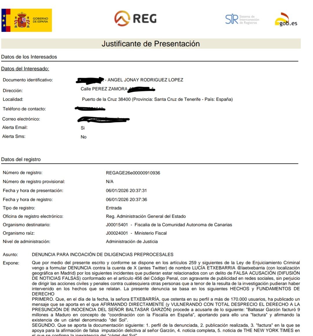 Vista la situación de desproporción absoluta de las afimarciones de la señora Lucía Etxeberría con respecto a una "factura" de 9 millones de euros supuestamente emitida a <a href="/fiscal_es/">Fiscalía General</a> por parte del sr Garzón, he interpuesto la correspondiente denuncia para que se la investigue
⬇️