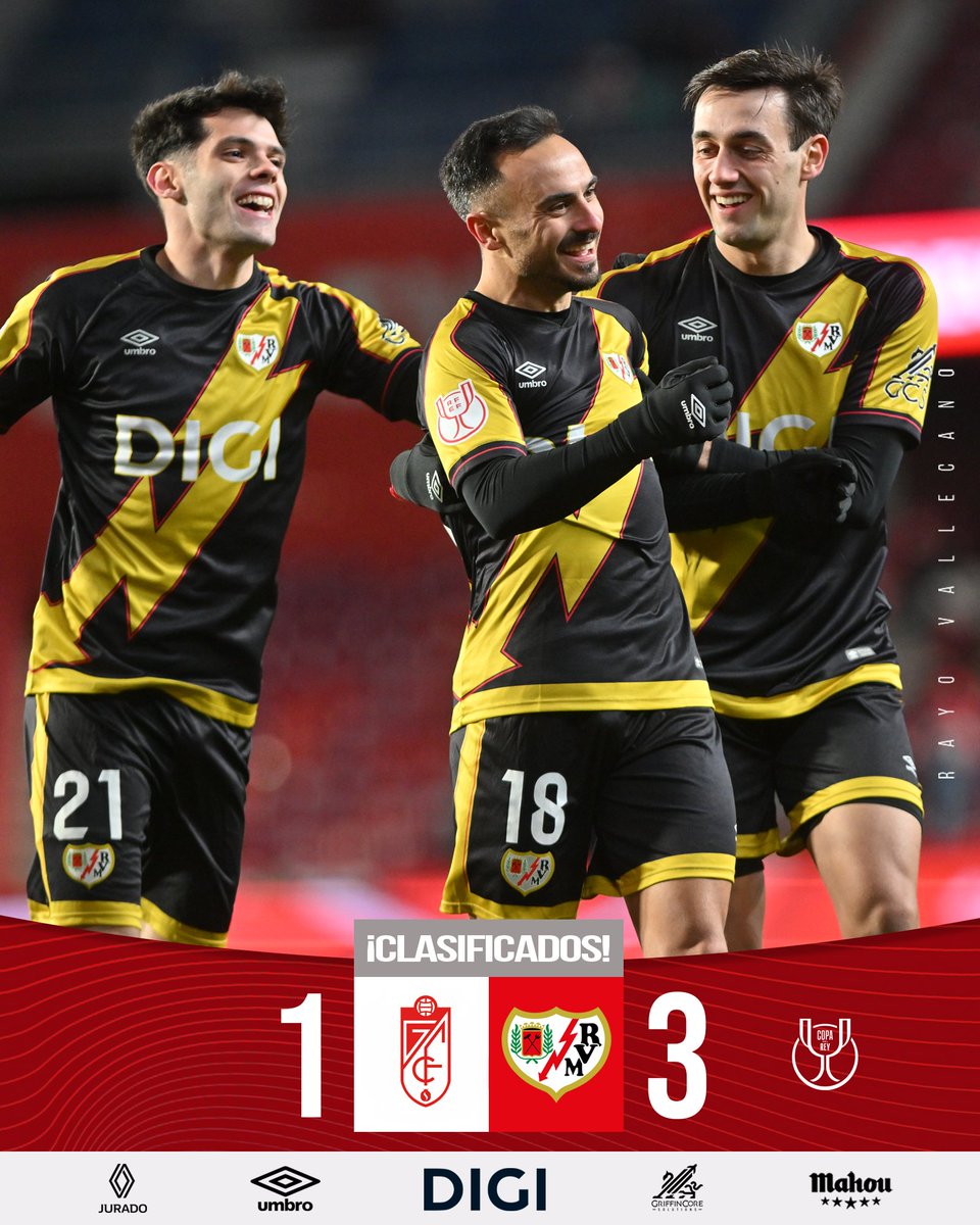 RayoVallecano's tweet image. ⚡️ ¡¡¡FINAAAAL EN GRANADA!!!

¡Remontada con goles de Álvaro (49'), Pedro Díaz (74') y Juanjo (p.p. 90+1') para lograr el pase a octavos!

🤝 Mucha suerte @GranadaCF en lo que resta de temporada.

#GranadaRayo #CopaDelRey