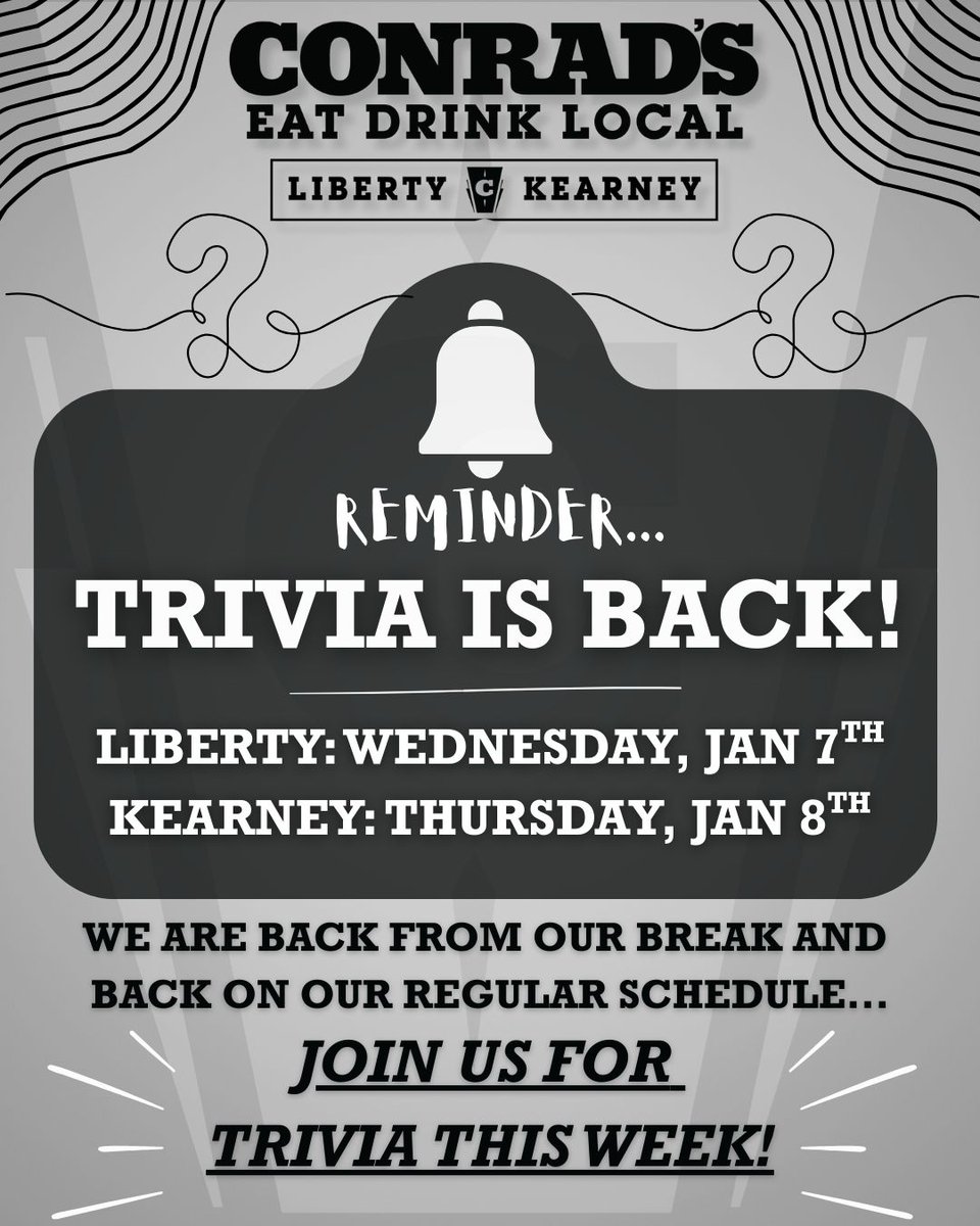Trivia is BACK ON! 🎉🎉
Gather your friends and put your knowledge to the test in Liberty on Wednesday and Kearney on Thursday. 
Trivia starts at 7:30pm, see you there!
#EatDrinkLocal #Conrads816 #NorthlandProud
