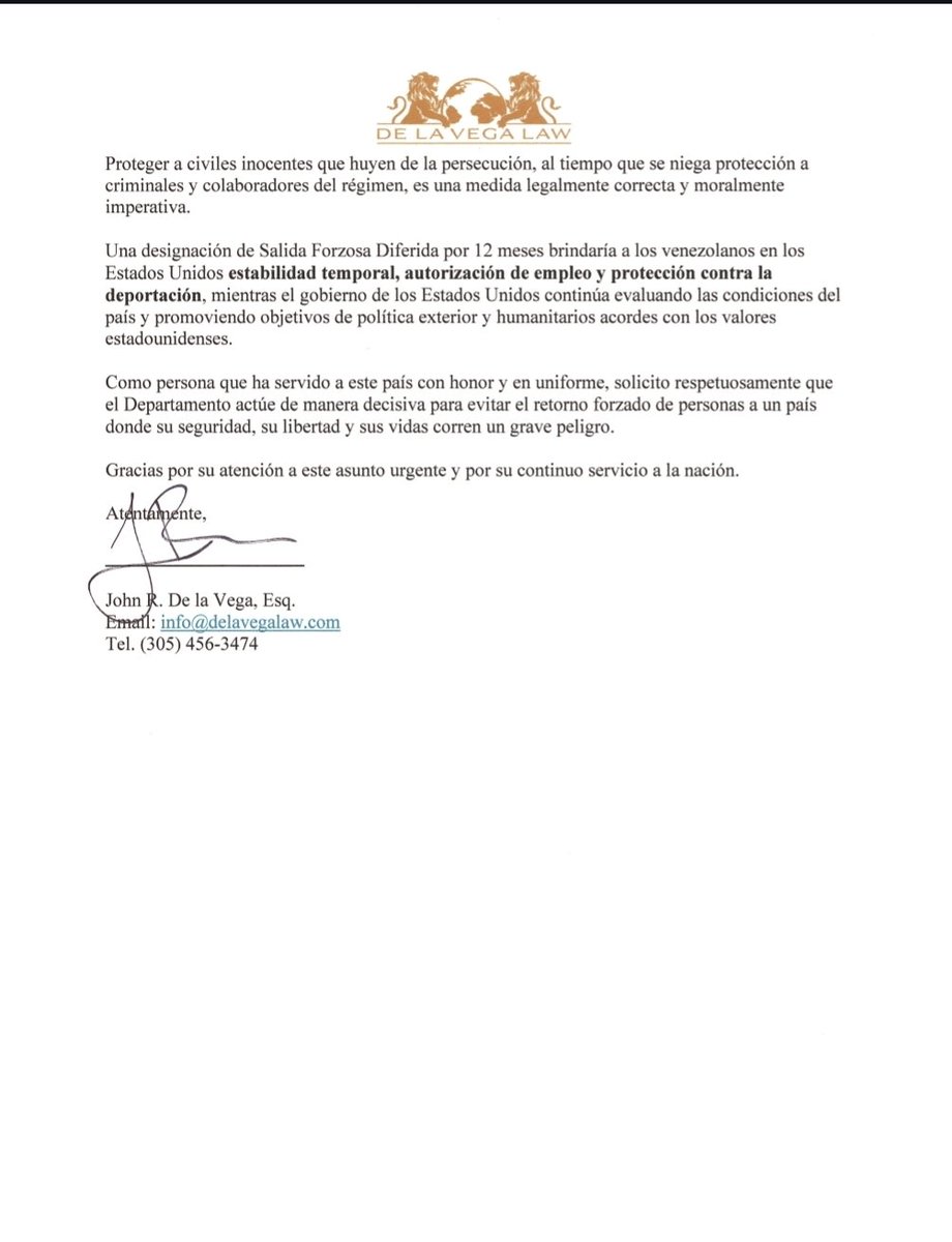 johndelavegalaw's tweet photo. 🇺🇲🤝🇻🇪 DED PARA VENEZOLANOS: UNA NECESIDAD HUMANITARIA URGENTE

El día de hoy sometimos una petición formal a la oficina de la secretaria del DHS, Kristi Noem, solicitando respetuosamente la aprobación del programa de DED para venezolanos en Estados Unidos.

El DED (Deferred Enforced Departure) ofrece protección temporal contra la deportación y autoriza permisos de trabajo, permitiendo que los beneficiarios vivan y trabajen legalmente en Estados Unidos mientras persisten condiciones extraordinarias e inseguras en su país de origen.

La realidad es innegable:
• El chavismo sigue en el poder.
• La persecución política continúa.
• Existen detenciones arbitrarias, torturas, desapariciones y represalias contra quienes piensan distinto.
• Regresar a Venezuela pone vidas en riesgo.

Forzar el retorno de venezolanos en estas condiciones los sometería directamente a persecución política y represalias por parte del régimen.

Como venezolano-americano y veterano de las Fuerzas Armadas de Estados Unidos, hago un llamado claro y responsable:

Mientras el chavismo siga en el poder, Venezuela no es un país seguro para retornar.