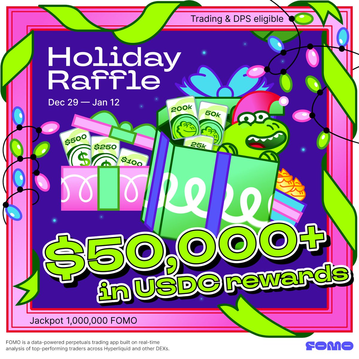 0xSpncr's tweet photo. 🎄💸 Holiday Raffle @onfomo is LIVE! 💸🎄

Every $2,026 traded = 1 Holiday Ticket 🎟️
Trade more — increase your chances to win!
🔥 $50,000+ in $USDC, Winner Mode boosts &amp; a massive 1,000,000 FOMO jackpot

📅 Dec 29 – Jan 12, 12:00 UTC
Don’t miss it — jump in and catch the FOMO 🚀 https://t.co/aYwBAsy8Mh