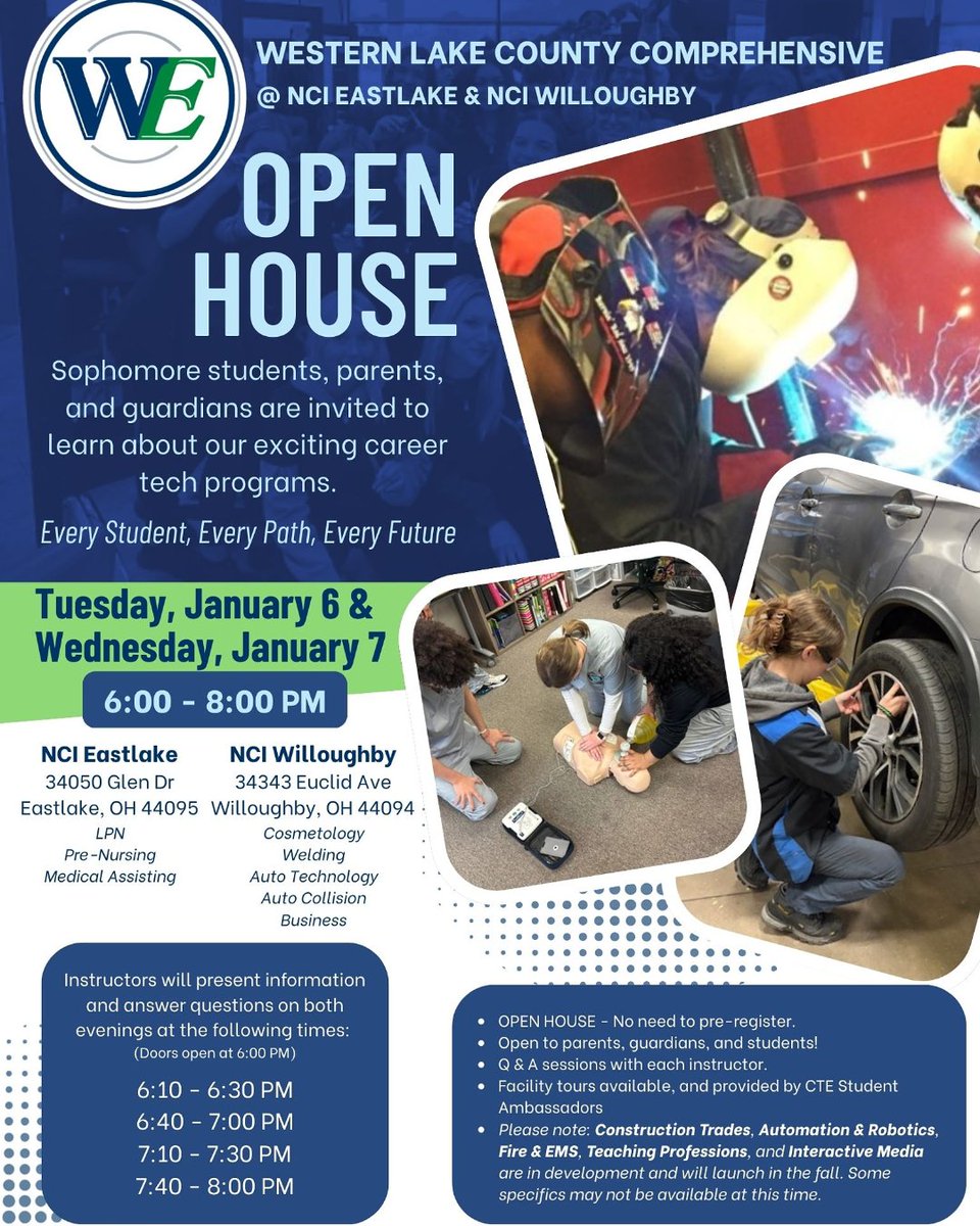 👉️Know a sophomore in high school who is interested in all of the amazing career technical programs we have available?
📅Open Houses: January 6th and 7th at NCI-Eastlake and NCI-Willoughby for students, parents and guardians
✔️Talk with current students and attend Q&amp;A sessions