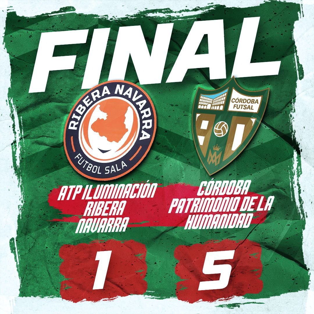 📣 40’. ¡FINAL EN TUDELA!

🏆 1ª División - Jornada 16

⚽️ <a href="/RiberaNavarraFS/">ATP Iluminación Ribera Navarra FS</a> 1-5 Córdoba Patrimonio

➡️ <a href="/18zequi_/">Ezequiel Montero</a> (2), Titi del Rey, <a href="/Tomipescio/">Tomás</a> y Arnaldo Báez, goleadores blanquiverdes.

📆 El sábado 10 (17:00 h) recibiremos al <a href="/PalmaFutsal/">Illes Balears Palma Futsal</a>. 

#RiberaCordoba #PrimeraDivisionFS