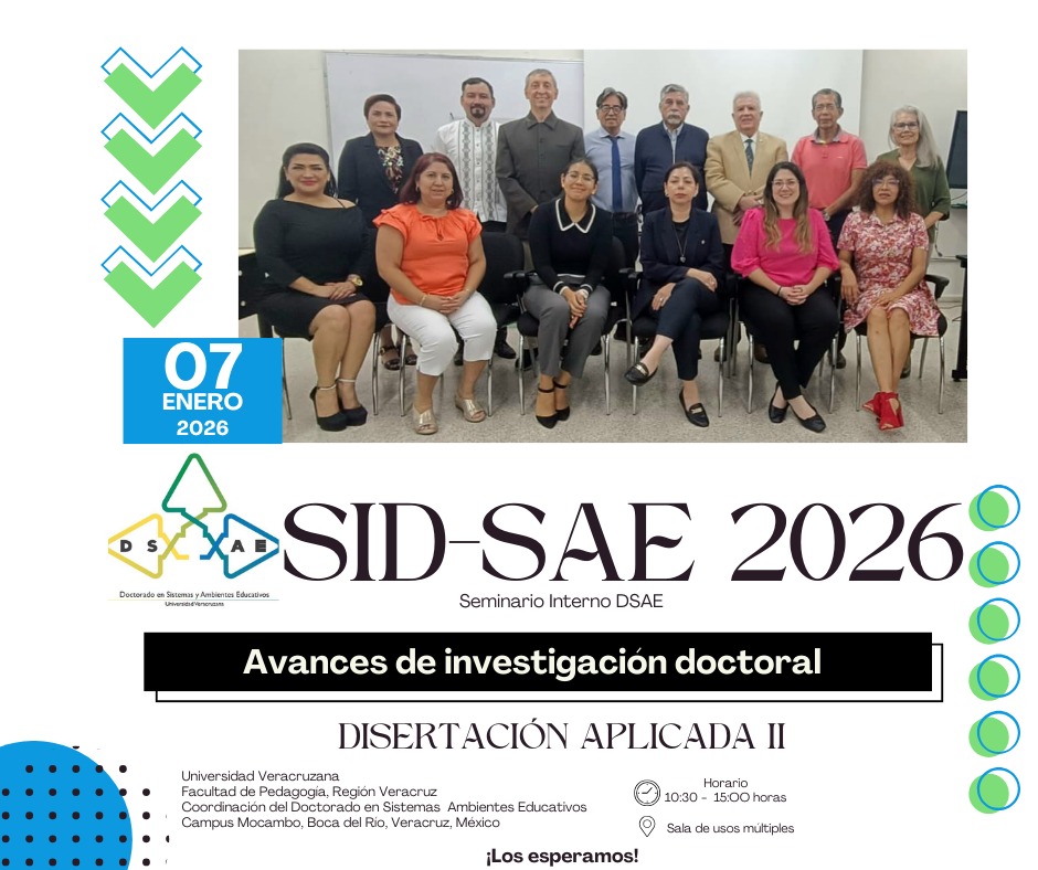 El DSAE de la Universidad Veracruzana / región Veracruz tiene el agrado de invitarle al Seminario “Avances de investigación doctoral”, que se llevará a cabo el día 7 de enero, en un horario de 10:30 a.m. a 15:00 p.m., dentro de la Facultad de Pedagogía en sala de usos múltiples.