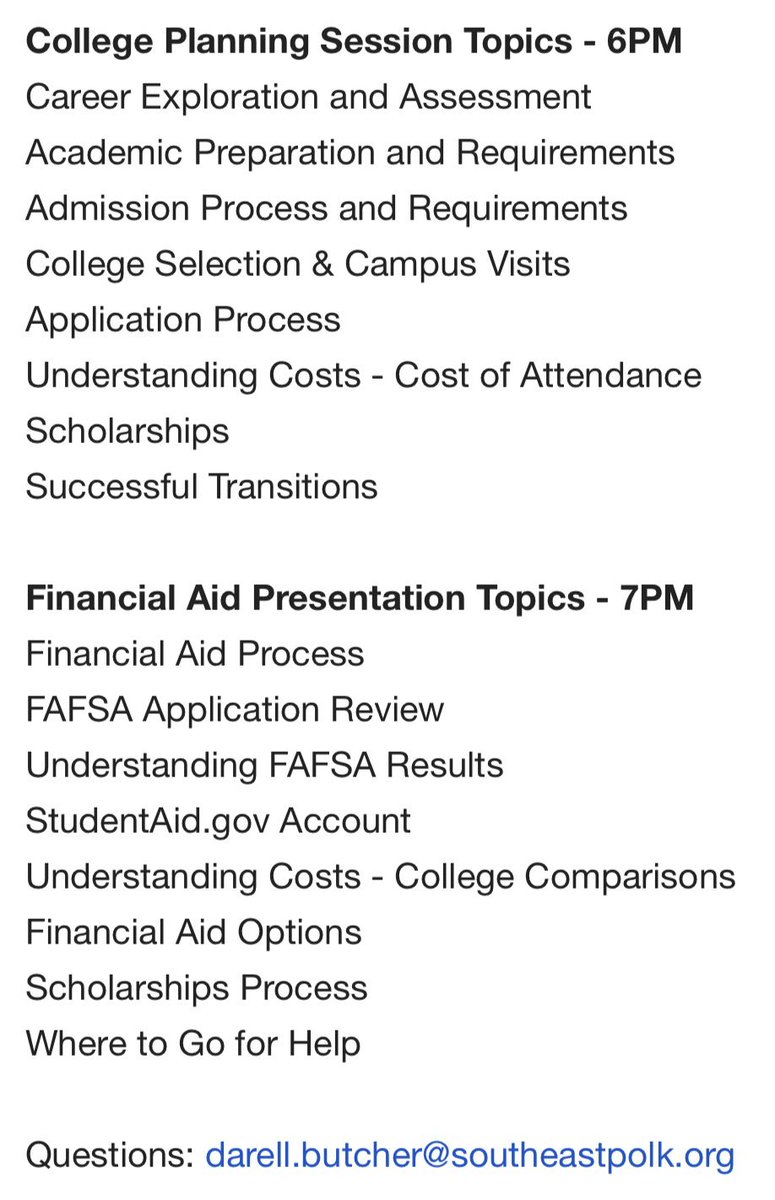 College Planning Night for 10th, 11th, &amp; parents - Monday 1/26 - 6PM

Financial Aid Presentation for 11th and parents - Monday 1/26 - 7PM

HS Auditorium