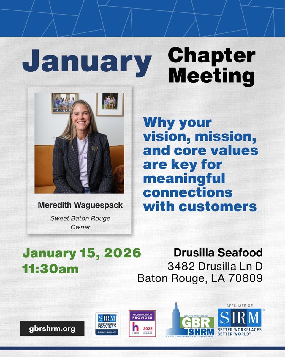 Registration is now open for our January Chapter Meeting! Come hear from local business owner, Meredith Waguespack with Sweet Baton Rouge: gbrshrm.wildapricot.org/event-6416503. Not a member? Join today: gbrshrm.wildapricot.org/join-us. We can't wait to see you!