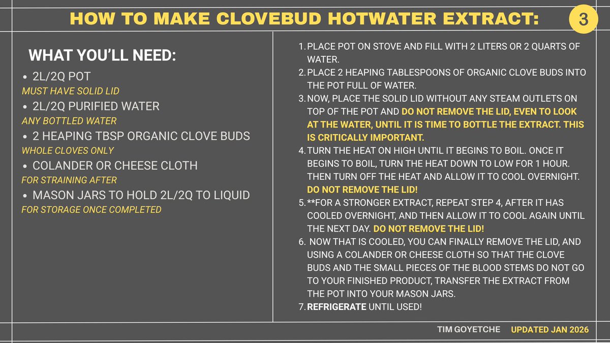 WitchDrTim's tweet image. Downloads for my PDF document on how to make clove but hot water extract are no longer available online. Over 857,000 people downloaded the document in the last four days, provoking my web host to disable my hosting because their servers couldn't handle it.  So, here is the…