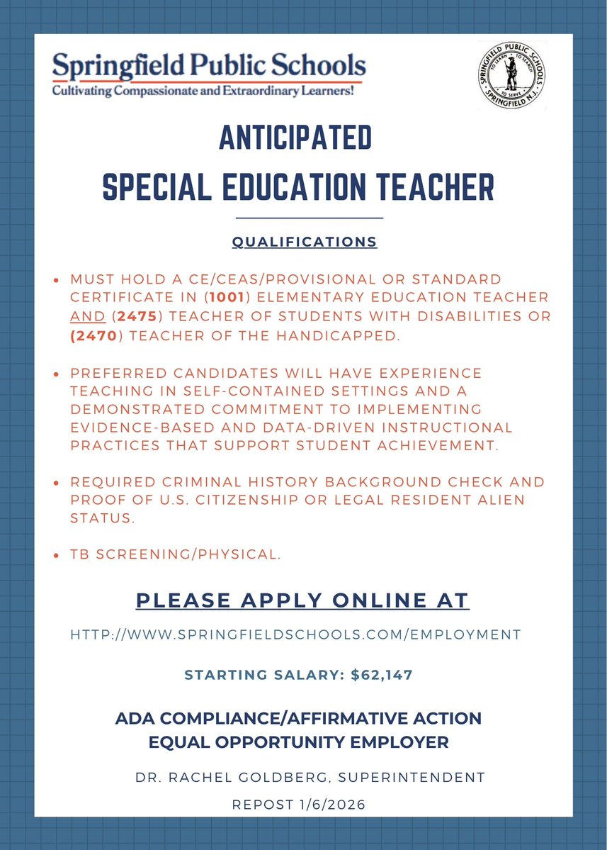 SpringfieldSchs's tweet image. Anticipated Special Education Teacher  

To Apply: applitrack.com/springfield/on…