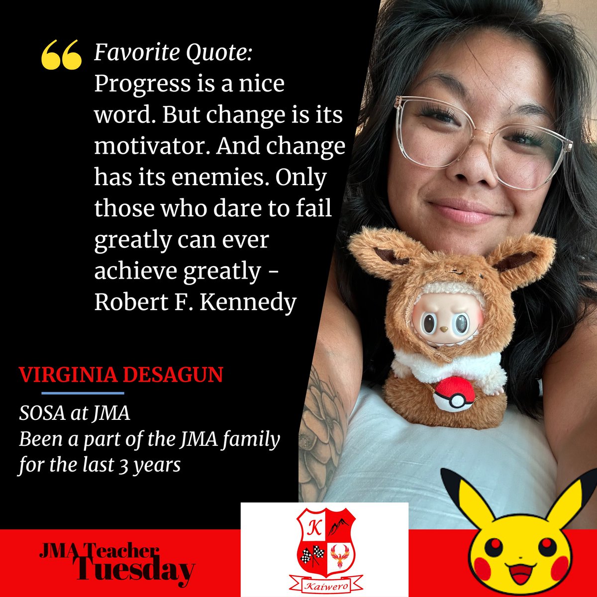 It’s #JMATeacherTuesday! 🌟 Ms. V has become a K-8 essential, unlocking student potential in small groups. Our SOSA superstar loves Pokémon, Hello Kitty, &amp; ube treats! 💜 Like her favorite book Charlotte’s Web, she is a "terrific" friend to our school. 🕸️ #JMAallday #FacesOfJMA