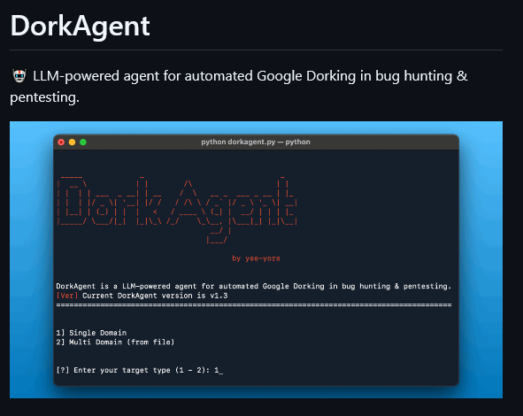 LLM-powered agent for automated Google Dorking in bug hunting &amp; pentesting.⚔️

- github.com/0xSojalSec/Dor…

#infosec #cybersec #bugbountytips