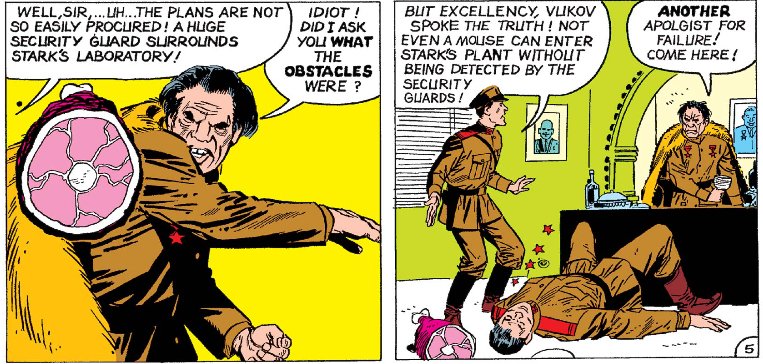 DadHasADD's tweet image. In an Iron Man story in Strange Tales #42 (June 1963), a Soviet officer throws a ham at a subordinate.