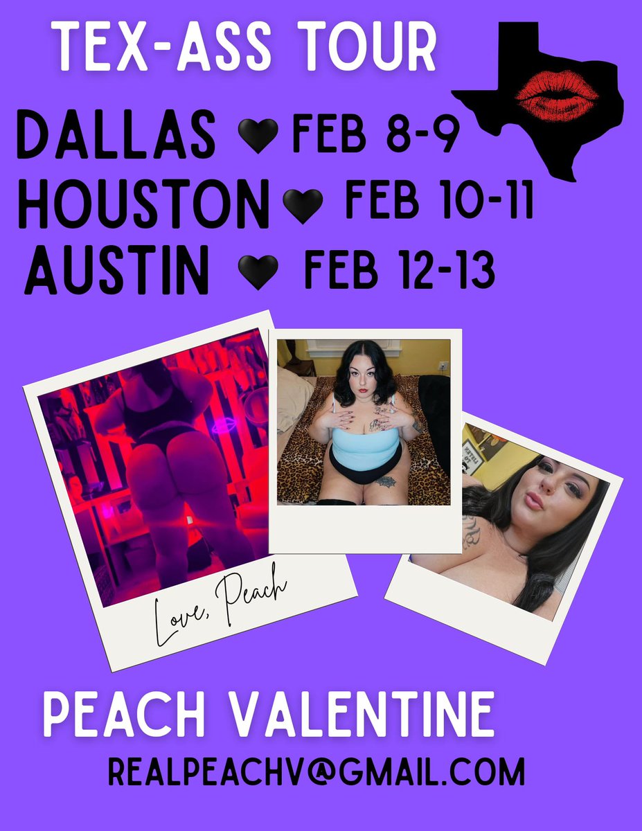 My first big out of state tour 🥰 Tap in to see me in Texas! realpeachv@gmail.com 💌