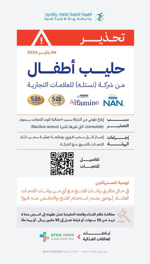 THEWOLFOFTASI's tweet photo. 🔴 في خبر عاجل من الغذاء والدواء 🚨

الهيئة تحذّر من بعض منتجات حليب الأطفال التابعة لشركة "نستله" لاحتمالية تلوثها بسُم "سيريوليد" الناتج عن بكتيريا "باسيلس سيريوس"، مؤكدة أن الإجراء يأتي ضمن سحب طوعي احترازي.. https://t.co/HItG4Pgmuy