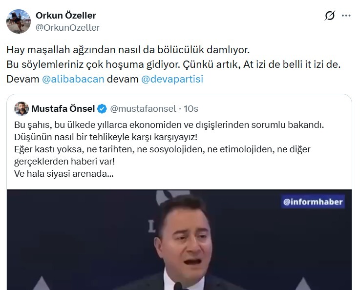 ulkucuhareketr's tweet photo. Biraz araya kaynadı ama dün akşam Terörsüz Türkiye'ye karşı görünüp etkileşim almaya çalışanlar, kendilerinin bölücülerin yanında olduğunu bizzat kanıtlayarak şu ana kadarki rezilliklerini daha da artırdılar. Ali Babacan'ın 2023 yılı Şubat ayında yaptığı Anayasamızın 66. maddesinin ele alındığı konuşma videosunu, o küçücük zekalarıyla sanki yeni paylaşılmış zannederek Babacan'a sallamaya başladılar. Halbuki hepsi Babacan'ın ve onla birlikte yol yürüyenlerin o videodan sonraki destekçileriydi.

Videonun eski tarihli olduğunu ve kendi cenahlarının videoya gelen alıntılarla rezil olmaya başladığını fark eden beceriksiz @ajans_muhbir sayfası, videoyu silmek zorunda kaldı.

İyi Partili @OrkunOzeller, kendisi ile aynı zeka seviyesinde olan ve paylaştığı videonun hangi tarihte olduğun bile haberi olmayan @mustafaonsel'in Babacan paylaşımını alıntı yaparak "Ağzından nasıl da bölücük damlıyor" dedi. Halbuki Babacan'ın ağzından bölücülük damladığını belirttiği bu konuşmadan sonra, yani konuşmanın esas tarihi olan 2023 Şubat ayından sonra ağzından bölücük damlayan Babacan ile İP genel başkan danışmanı olarak aynı ittifakta bulunduğu gibi bir de seçimlerde İP'ten aday adaylığı başvurusu yaptı. 

Hacettepe'de Türk bayrağının olduğu bina ve içerisinde bulunan Ülküdaşlarımızla diğer öğrenciler taşlandığında 'karşıt görüşlüler' yazan ve Türk bayrağı mevzusuna girmeyen @veryansintvcom isimli tetikçi medya kuruluşunun ayakta uyuyan beceriksiz gazetecisi @medreyata, bugün yaptığı yayında Babacan'ın konuşmasını yeni zannederek yayında her zaman olduğu gibi erkeklik tasladı. Korkak Erdem Atay'ın eğer cesareti varsa, kendisi gibi Babacan'ın konuşmasından bir haber olan @enginbalim ile birlikte Babacan'ın bu konuşmayı yaptığı dönem onunla yol yürüyenlere "Emperyalist Uşağı" desin de görelim bakalım ne kadar erkeksiniz.

Videoyu görünce "Eğer yapay zeka değilse, ulus devletin ortadan kaldırılması teklifidir. Yani bölünme ve Sevr’e dönüş… PKK da bunu istiyor." diyen Sözcü gazetesi kalemşörü @NaimBaburoglu'na kötü bir haberim var. Video yapay zeka değil. Alıntı yaptığım kendi paylaşımımda linkini paylaştım orada Şubat 2023'te paylaşıldığını görebilirsin. Eğer cesaretin varsa Naim efendi, "PKK'nın isteği"ni yerine getirmeye çalışanlarla yol yürüyenler için de bir yazı yazda görelim bakalım seni.

Babacan ile aynı ittifaktan aday olup İP'ten vekil olan @Akburak bile videoyu şimdi görmüş gibi itiraz etmiş. Babacan'ın olduğu ittifak ile protokol imzalayan Zafer Partisi'nin kadrolu elemanlarından @jskurdoglu da Babacan'a "Haddini aşma" demiş. Birisi şuna kendisinin bulunduğu partinin o konuşmadan sonra Babacan ile birlikte yol yürümeyi kabul ettiğini söylesin. Mesela sen söyleyebilirsin @fatiheryilmaz0 

Daha paylaştığınız ve saldırdığının konuşmanın hangi tarihten olduğunu bile bilmeyen beceriksizler sürüsünün bu zekalarıyla Terörsüz Türkiye'ye karşı olmaları bizi şaşırtmadı.