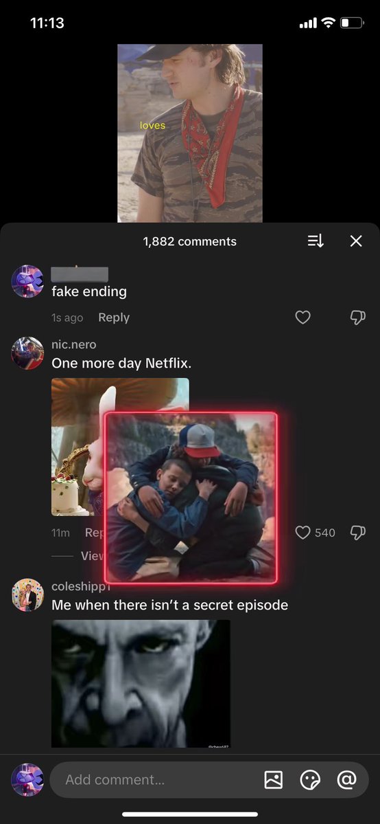 strangersith's tweet image. went on tiktok and typed fake ending .. this image pops up. went on another video typed in random "sooooooo?" nothing. deleted on the SAME video and typed in fake ending and again THIS popped up!! 
@Stranger_Things @strangerwriters 
#StrangerThings5 #StrangerThings