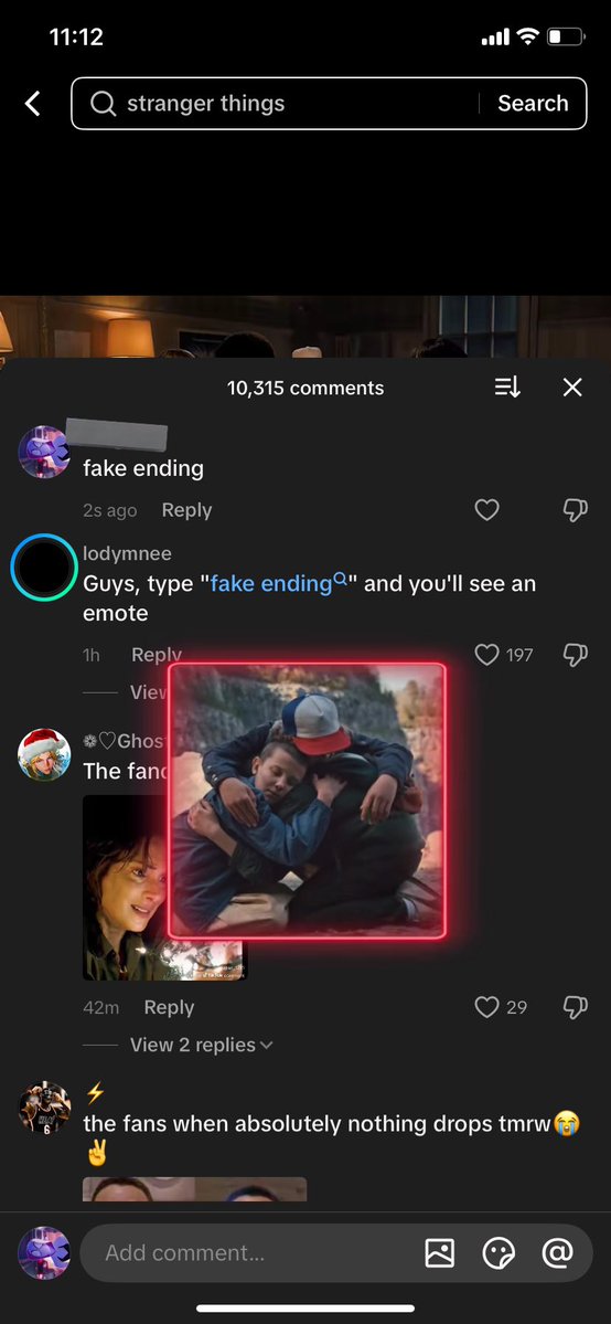 strangersith's tweet image. went on tiktok and typed fake ending .. this image pops up. went on another video typed in random "sooooooo?" nothing. deleted on the SAME video and typed in fake ending and again THIS popped up!! 
@Stranger_Things @strangerwriters 
#StrangerThings5 #StrangerThings