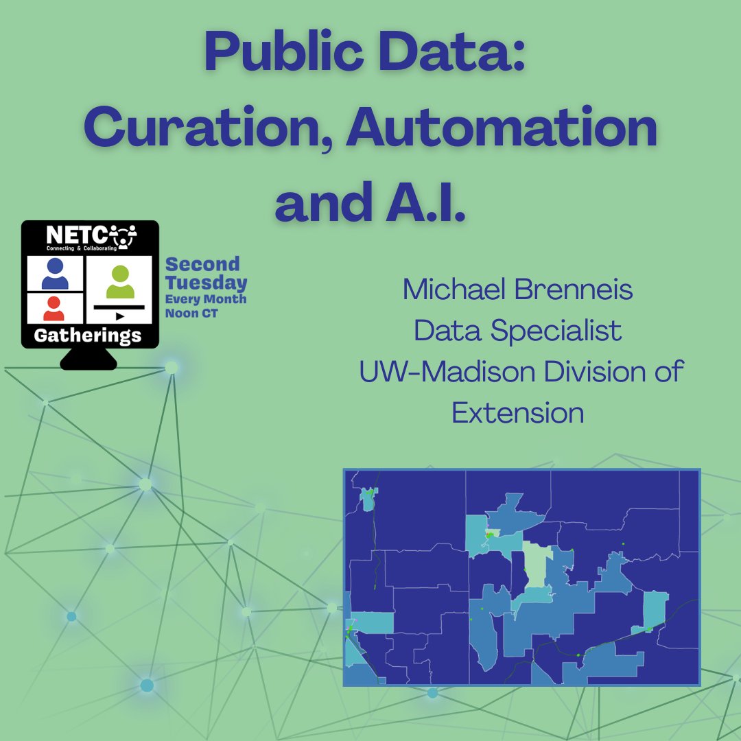 NETCTech's tweet photo. Happy New Year! We're back with our first Gathering of 2026 🎉Public Data: Curation, Automation and A.I., with Michael Brenneis, Data Specialist at UW-Madison! Next Tuesday at noon CT 👉 https://t.co/fpCZbsyokF #NETCGatherings https://t.co/8yOzjVItGN