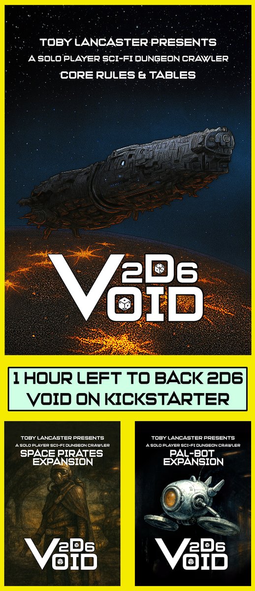 We're nearing the end folks....the 2D6 Void kickstarter campaign ends in about 1 hour. Thank you all so much for the awesome support! You are amazing...
kickstarter.com/projects/drmga…
#SoloRPG #rpg #ttrpg