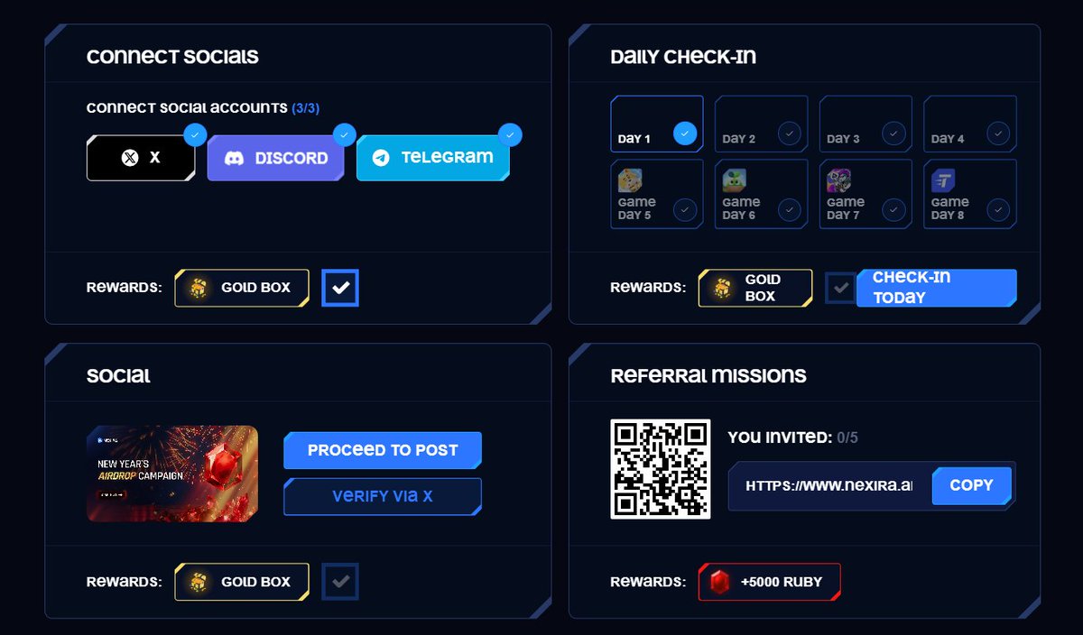 PeterTran_CT's tweet photo. Hồi lâu trước kia nếu anh em nào còn nhớ nhận airdrop 50 - 150$ kèo game @MaviaGame thì mình nghĩ kèo này cũng đáng để farm.

@NexiraDAEP Airdrop Season 1 mở đầu bằng chiến dịch airdrop mừng năm mới 2026 với pool thưởng 50M Ruby.

⏰Thời gian: từ ngày 06/01 - 31/01 (trong đó có mini campaign chỉ diễn ra đến hết ngày 11/01)

➤RUBY sẽ được conver sang $NEXI tại TGE
➤Tham gia: https://t.co/5zgcav6TLO
➤Làm nhiệm vụ khá đơn giản như checkin hàng ngày, tương tác với các bài viết của dự án, tham gia sáng tạo nội dung trên X.

📌Airdrop:
- Hoàn thành nhiệm vụ sẽ nhận được Hộp và ruby Locked
- Mỗi hộp sẽ chứa một lượng Ruby Locked ngẫu nhiên: độ hiếm của hộp càng cao, số lượng Ruby nhận được càng nhiều.
- Ruby Locked sẽ được mở khóa trong sự kiện trước TGE.
- Ruby Locked  → Ruby → Token $NEXI.

#Nexira #NewYearCampaign #NexiraDAEP
#NexiraSeason1