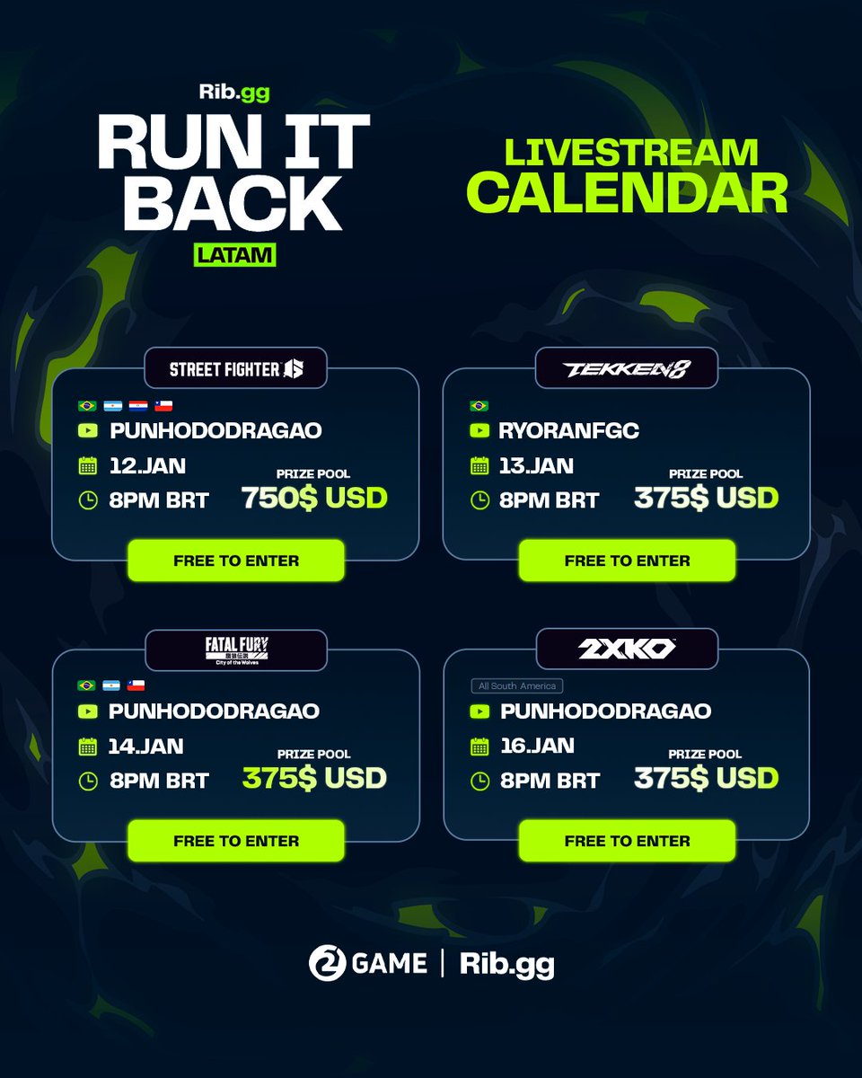 2GAMEFGC's tweet image. 🔥 CALENDÁRIO DEFINIDO! 🔥

O RUN IT BACK: First Strike está oficialmente pronto pra começar!

📅 Confira as datas
🎮 Street Fighter | Tekken 8 | Fatal Fury | 2XKO

Transmissão com @viniFGC e @ryoran

Qual jogo você não vai perder?