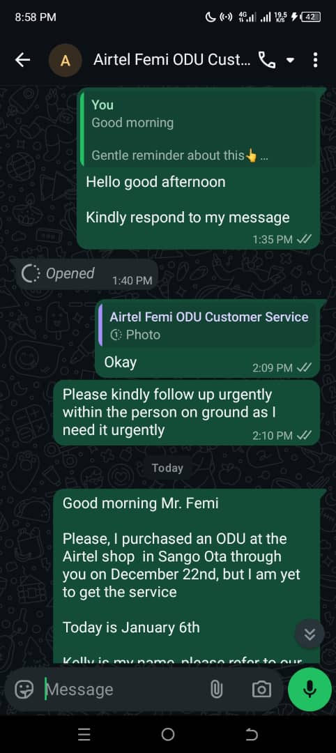 KellyInsights_'s tweet photo. @AirtelNigeria
@NgComCommission

Complaint: Incorrect ODU Provided and Installation Failure - Airtel Sango Shop- Seeking Resolution

Here are screenshot of my chat with the two reps who attended to me . https://t.co/xIwVp5TTW9