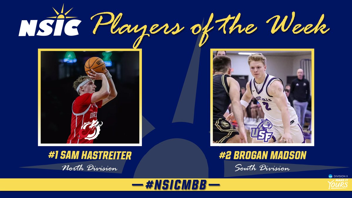 #NSICMBB Release No. 7 
#NSICPOW  
N: #1 Sam Hastreiter - <a href="/MSUMDragons/">MSUM Dragons</a> 
S: #2 Brogan Madson - <a href="/USFCougars_/">USF Cougars</a> 

Full Release:
northernsun.org/news/2026/1/6/…