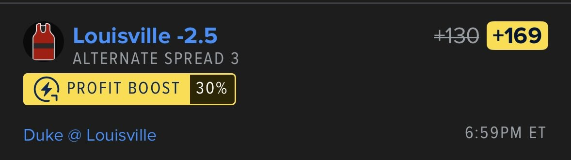 Evbettingplus's tweet image. 🥣 FanDuel 30% CBB Profit Boost 🥣

🔗 quickpick.pikkit.com/betslip/b1bf26…

+130 ➜ +169
Fair value: +132
Play: 2.36 U
EV: 15.95%
Devig — Pinnacle (10k limits)