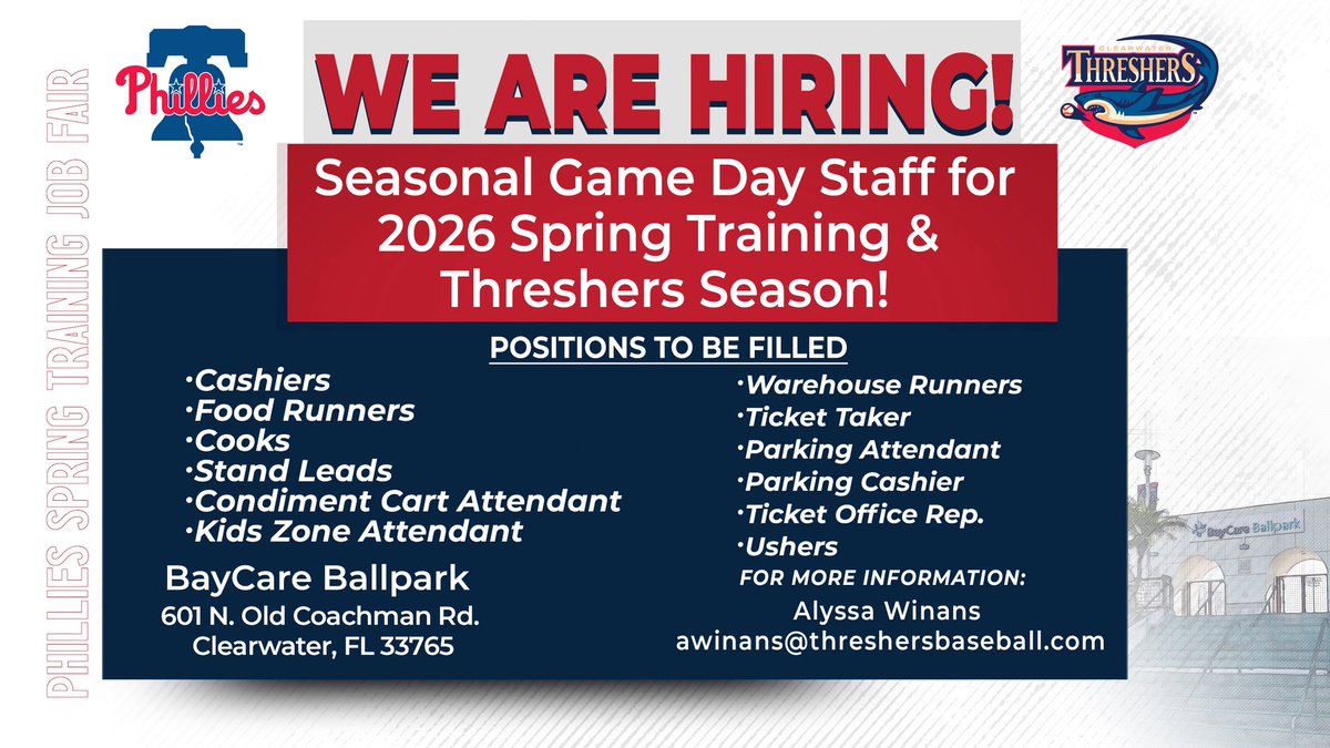 Threshers's tweet image. Our next job fairs are:

Wednesday, January 7th, 1-4p
Thursday, January 8th, 2-5p
Saturday, January 10th, 10a-1p

Come out and join our team for Spring Training and Threshers Season 🥤