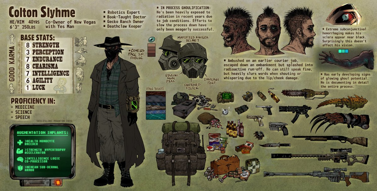 Finally completed the reference sheet for Colton, my Courier 6. He's a 50/50 blend of myself and his own character. 
#FalloutNewVegas #FNV
